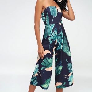 Lulu’s rainforest blooms navy blue print strapless midi jumpsuit